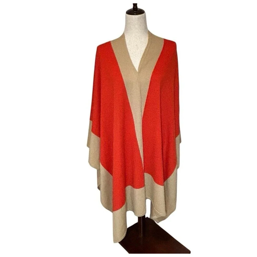 Ralph Lauren Tan and Orange Colorblock Knit Wool Blend Shawl - One Size
